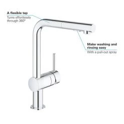 Grohe Minta Kitchen Sink Mixer with Pull Out Spray - Chrome - 30274000 -Kitchen Taps Sales Store 30274000 D4 460